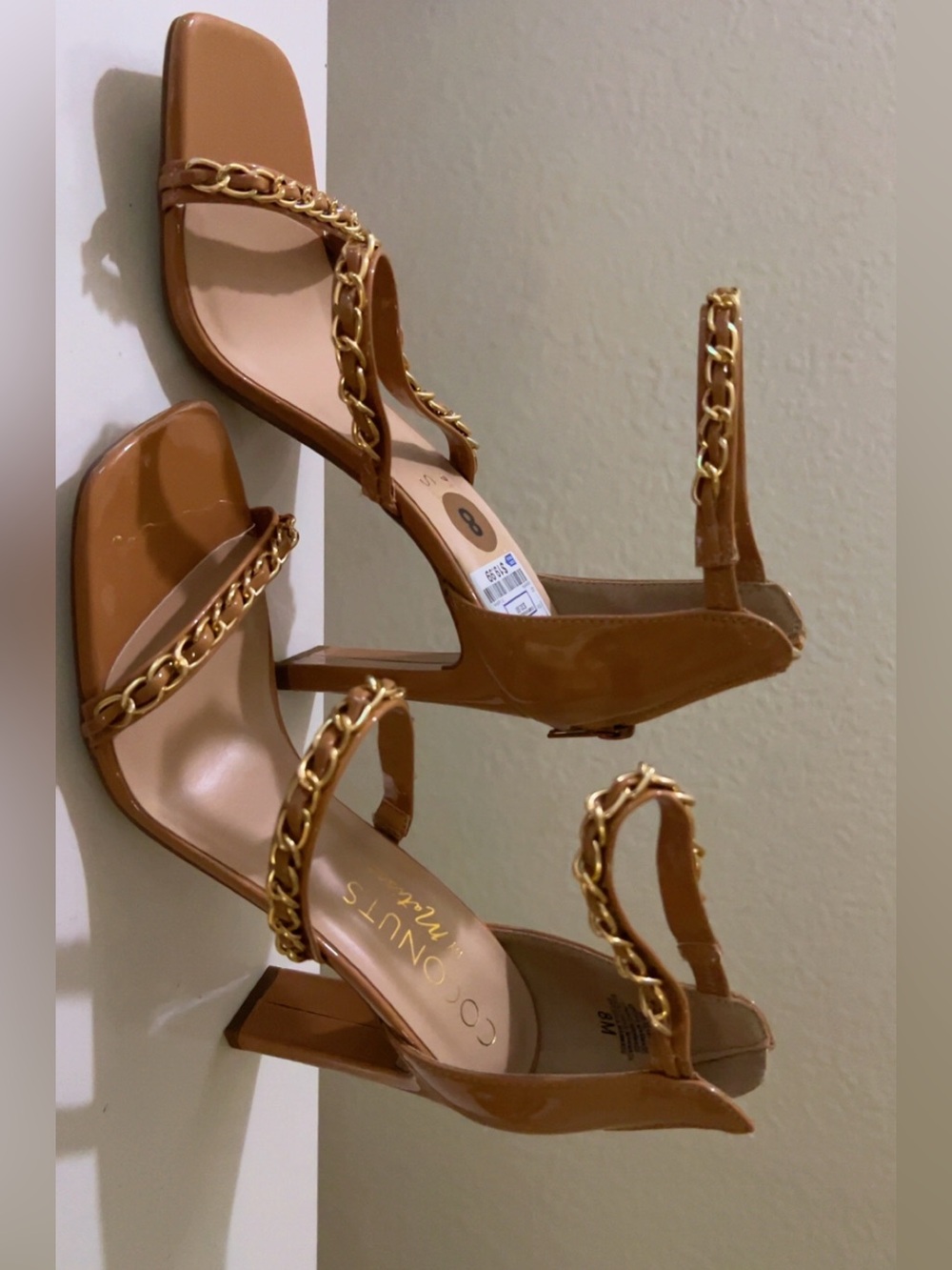 Coconuts by Matisse Tan Patent Heeled Sandals with Gold Chain